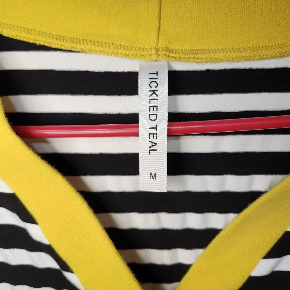 Tickled Teal Striped Snap Front Cardigan Black White Yellow Hipster M (Small) - Picture 4 of 11